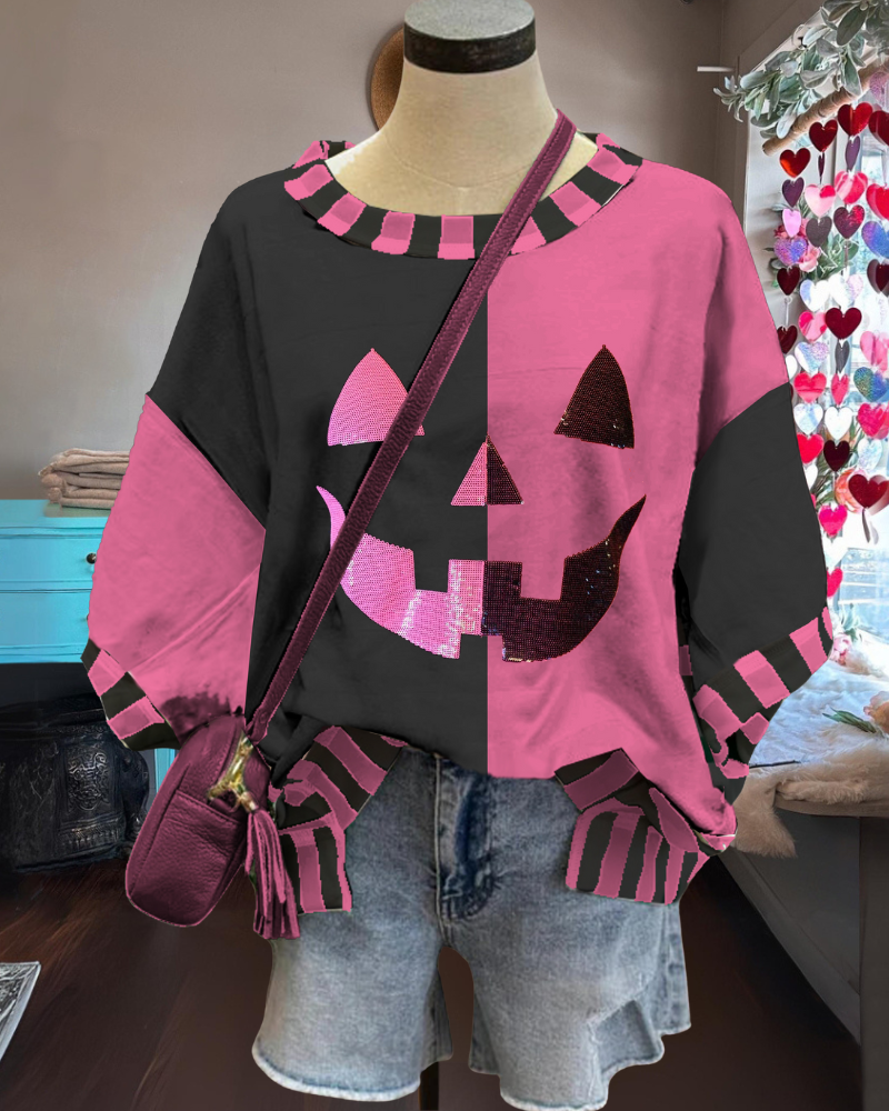 Playful Sequin Pumpkin Colorblock Top