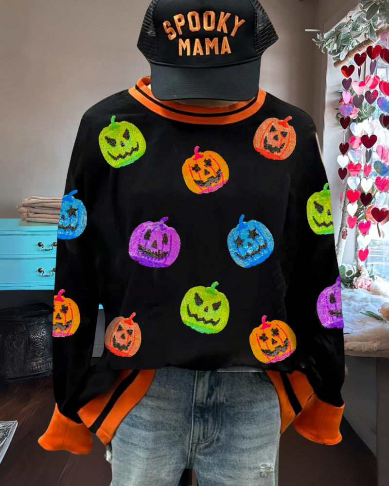 Pumpkin Sequin Stripe Trim Sweatshirt