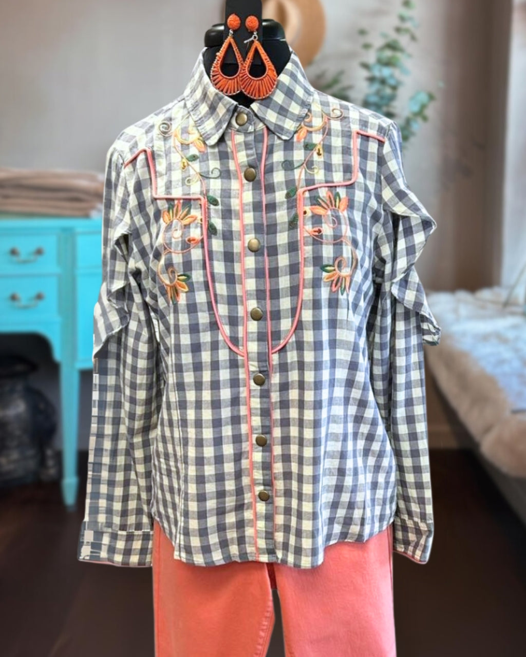 Cactus Embroidered Plaid Blouse