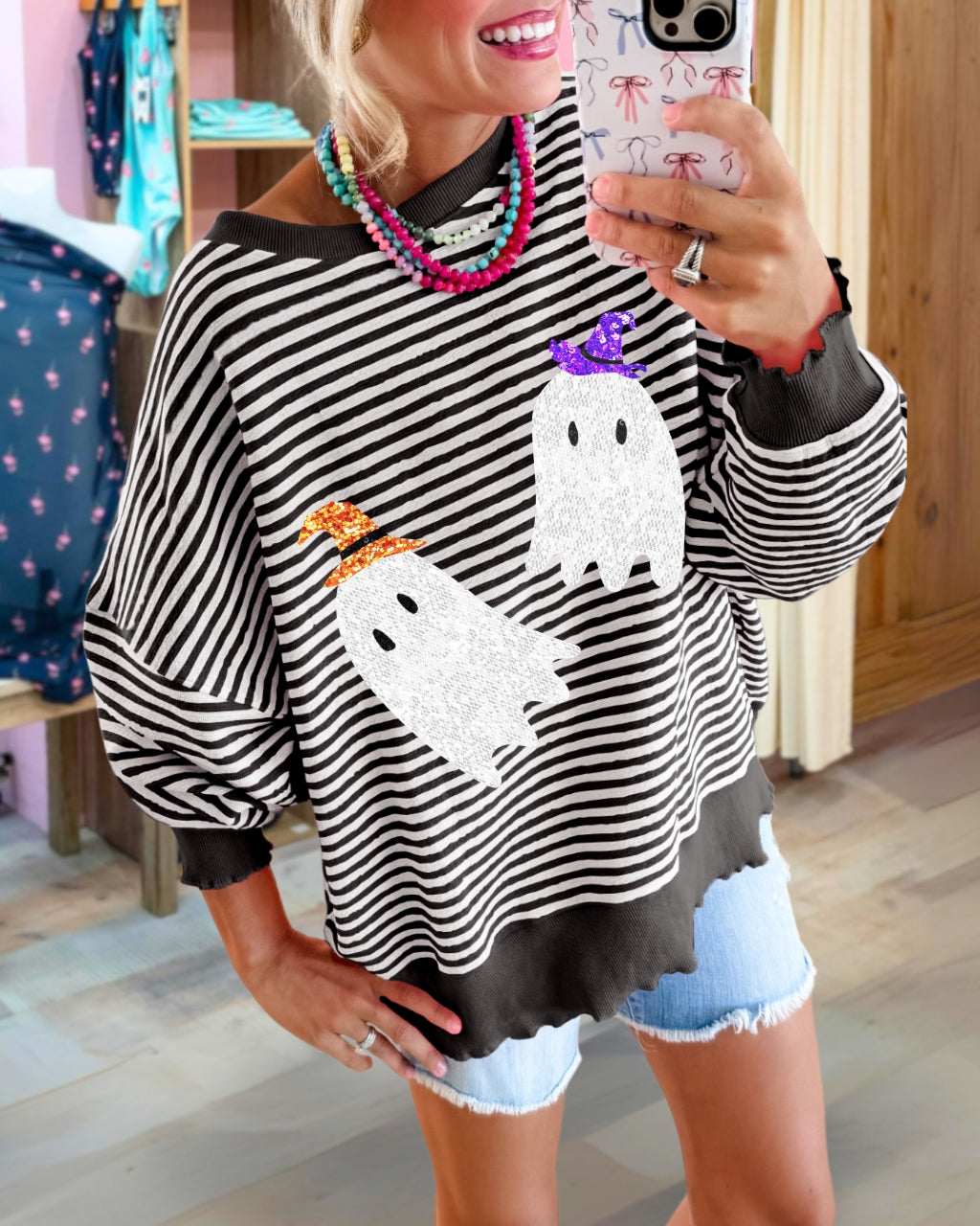 Sequin Ghost Striped Pullover