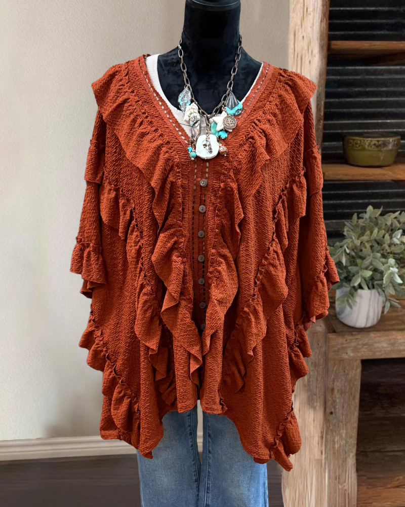 Chic Ruffle Button V-Neck Top
