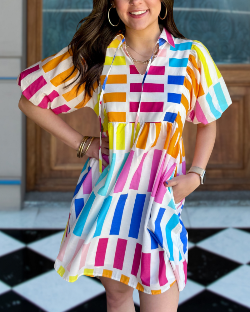 Playful Rainbow Check Satin Dress