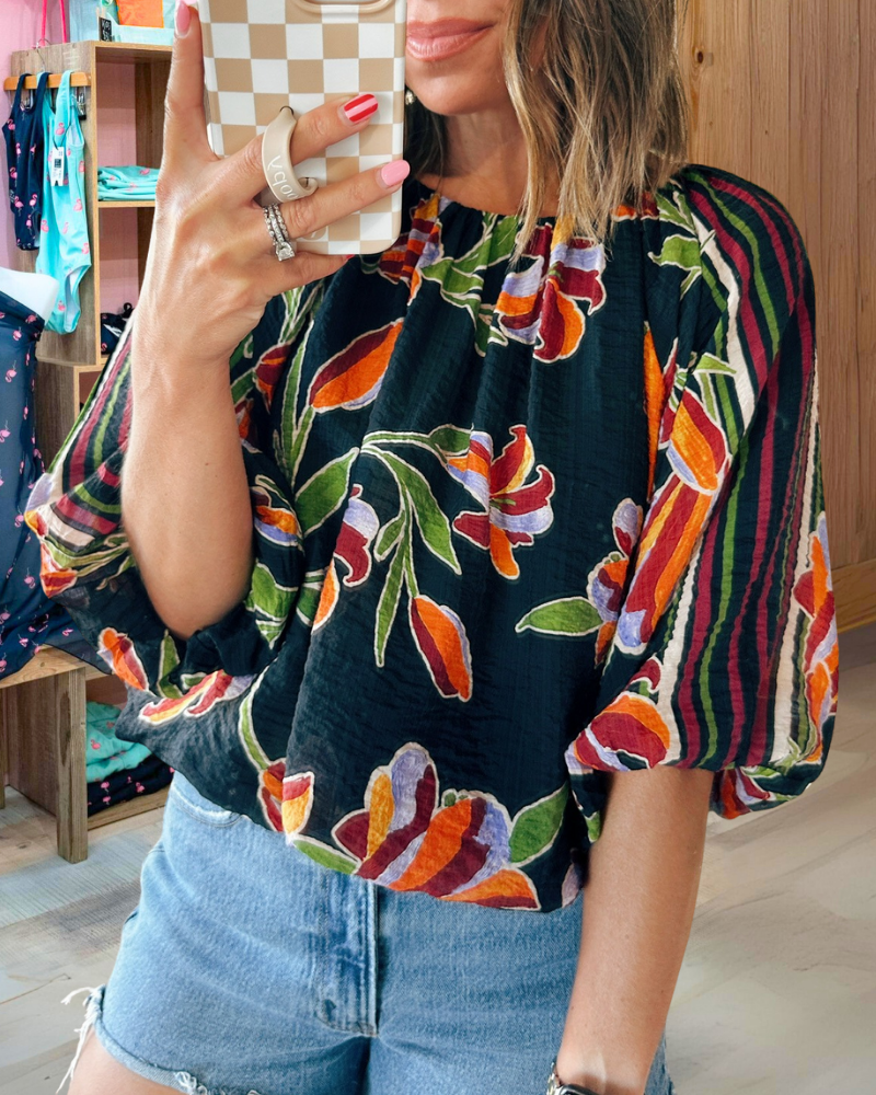 Floral Stripe Puff Sleeve Top