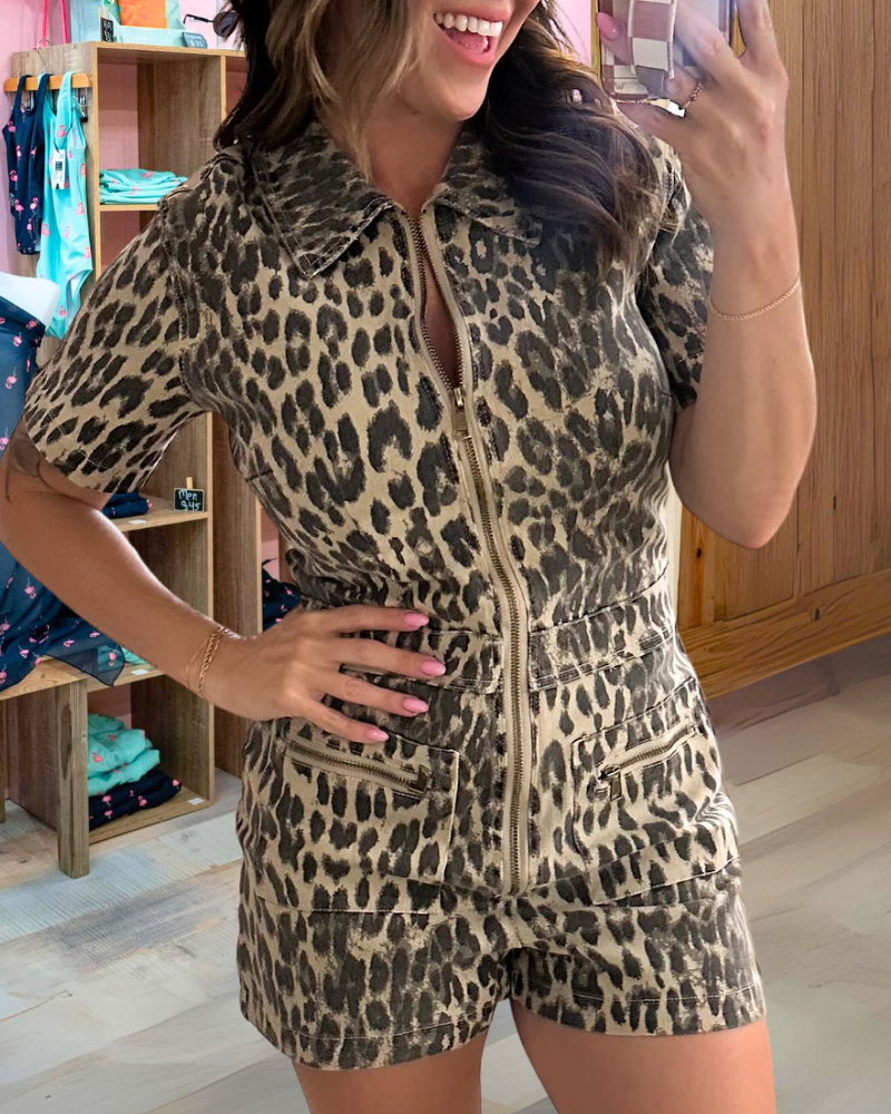 Trendy Leopard Washed Zipper Jumpsuit
