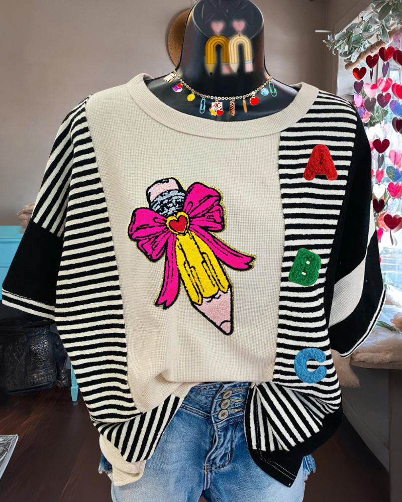 Bow Pencil Sequin Striped T-shirt