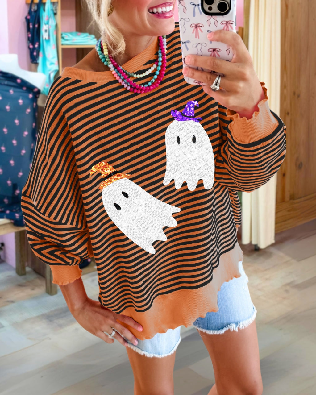 Sequin Ghost Striped Pullover