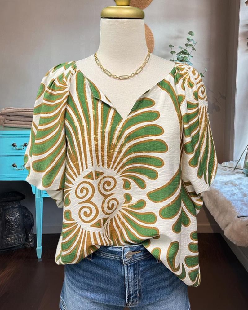 Abstract Leaf V-Neck Top