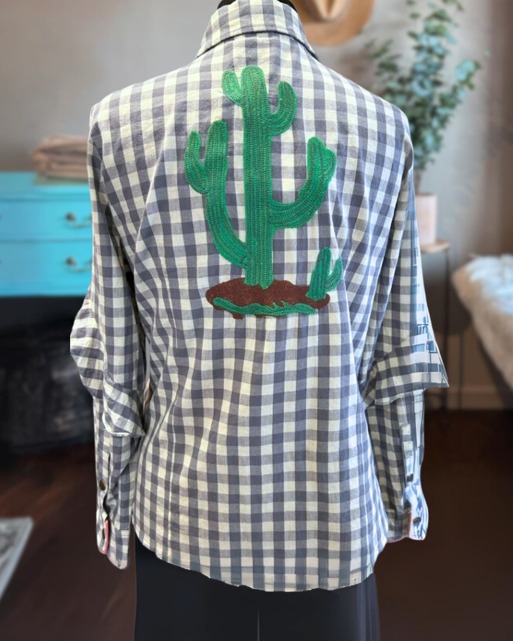 Cactus Embroidered Plaid Blouse