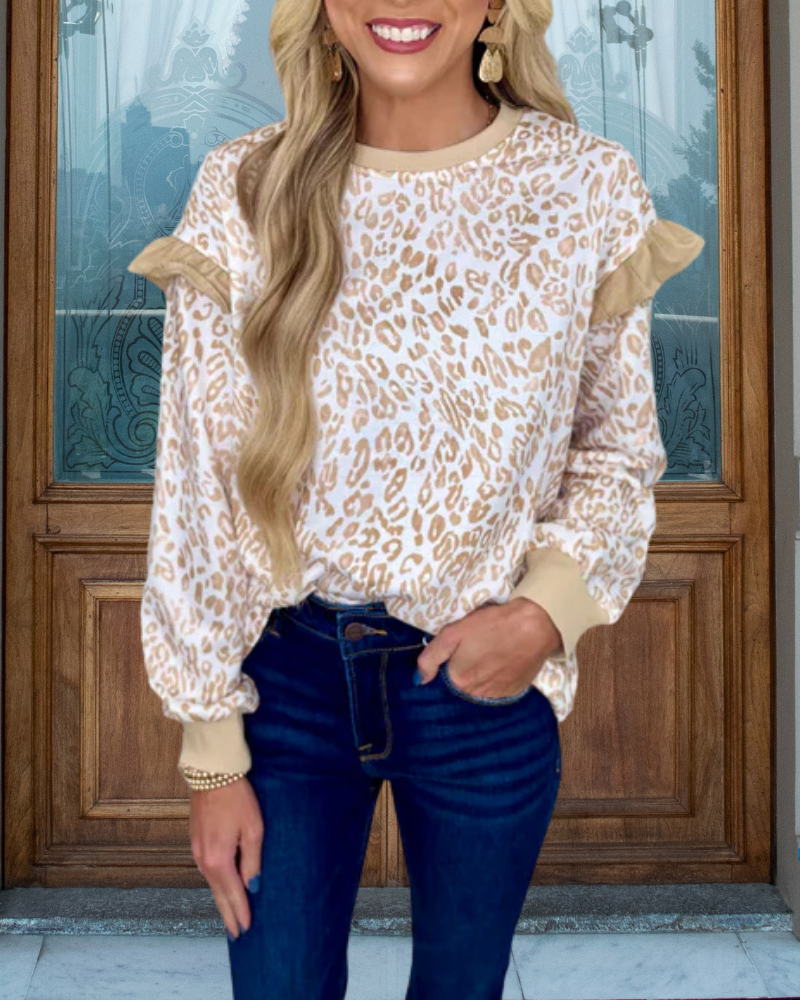 Leopard Ruffled Crewneck Sweatshirt
