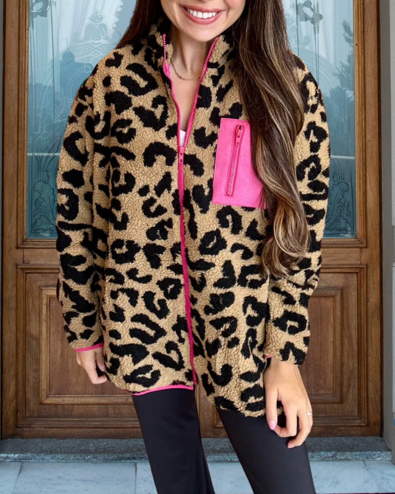 Trendy Leopard Plush Zip-up Jacket