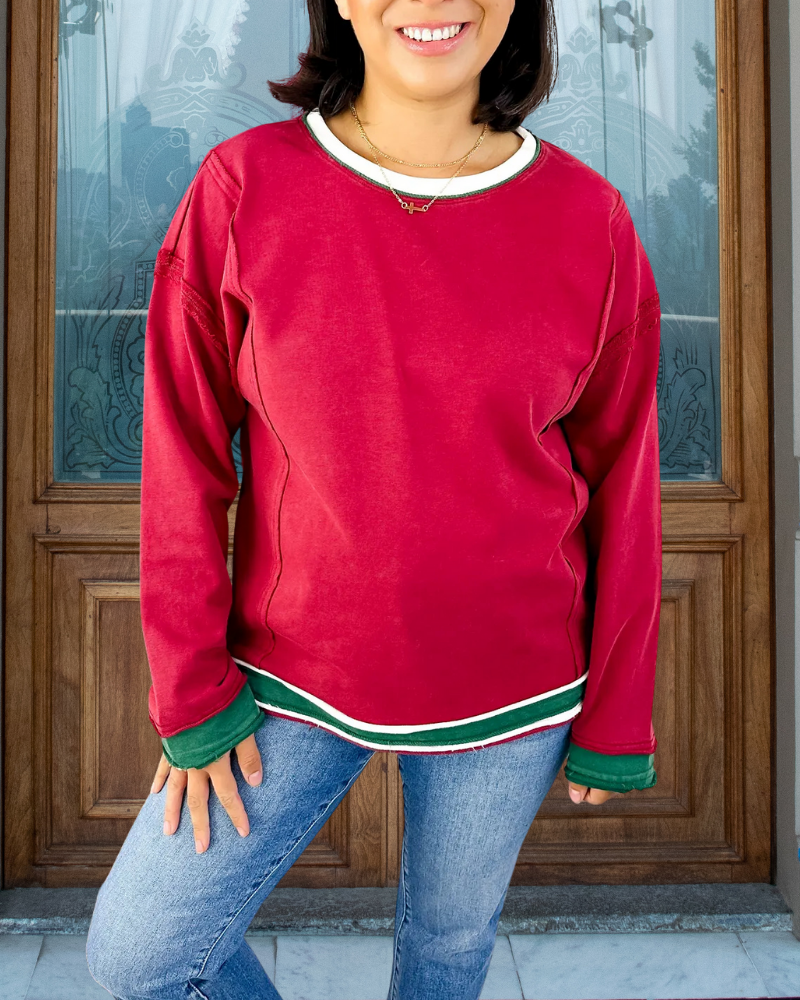 Simple Contrast Trim Crewneck Top