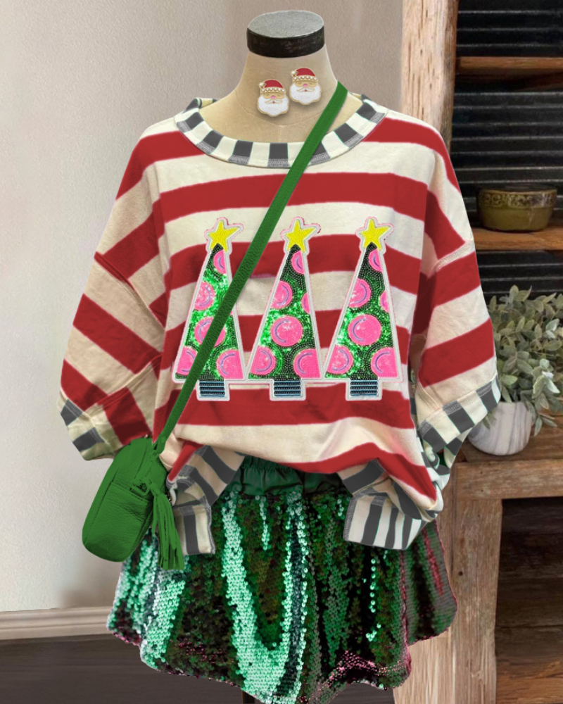 Christmas Tree Sequin Striped T-shirt