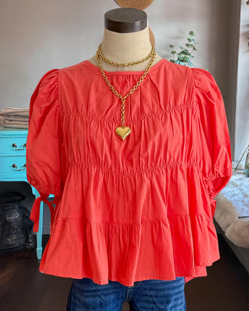 Pleated Long Skirt & Puffy Sleeve Top Set main image 1
