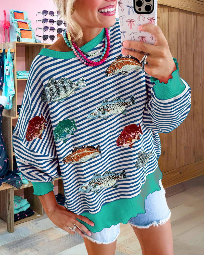 Fashion Fish Sequined Striped Sweatshirt
