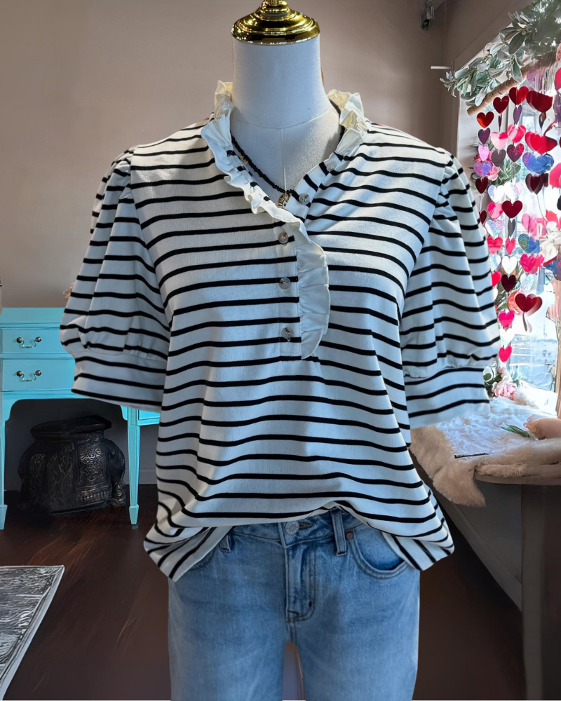 Elegant Striped Ruffle Trim Top