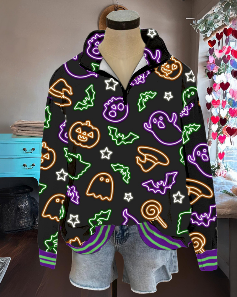 Halloween Neon Ghost Pumpkin Print Top
