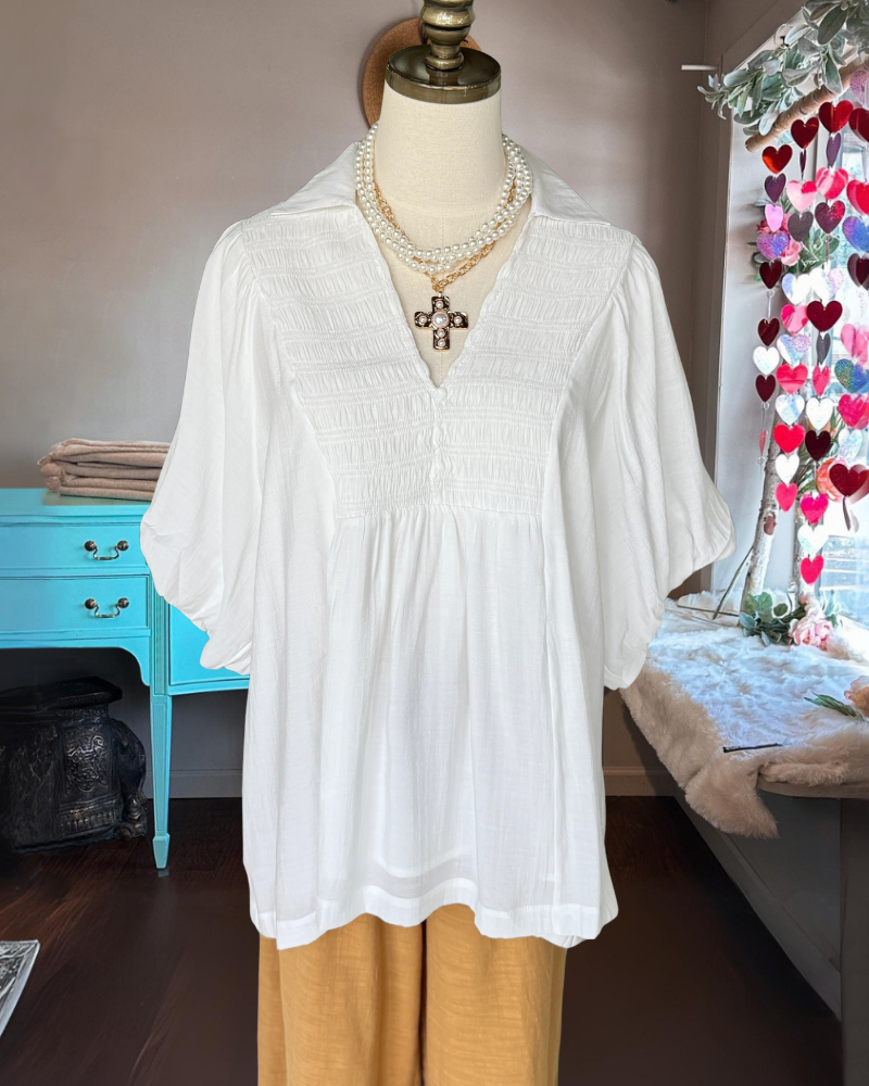 Simple Pleated Linen V-Neck Top