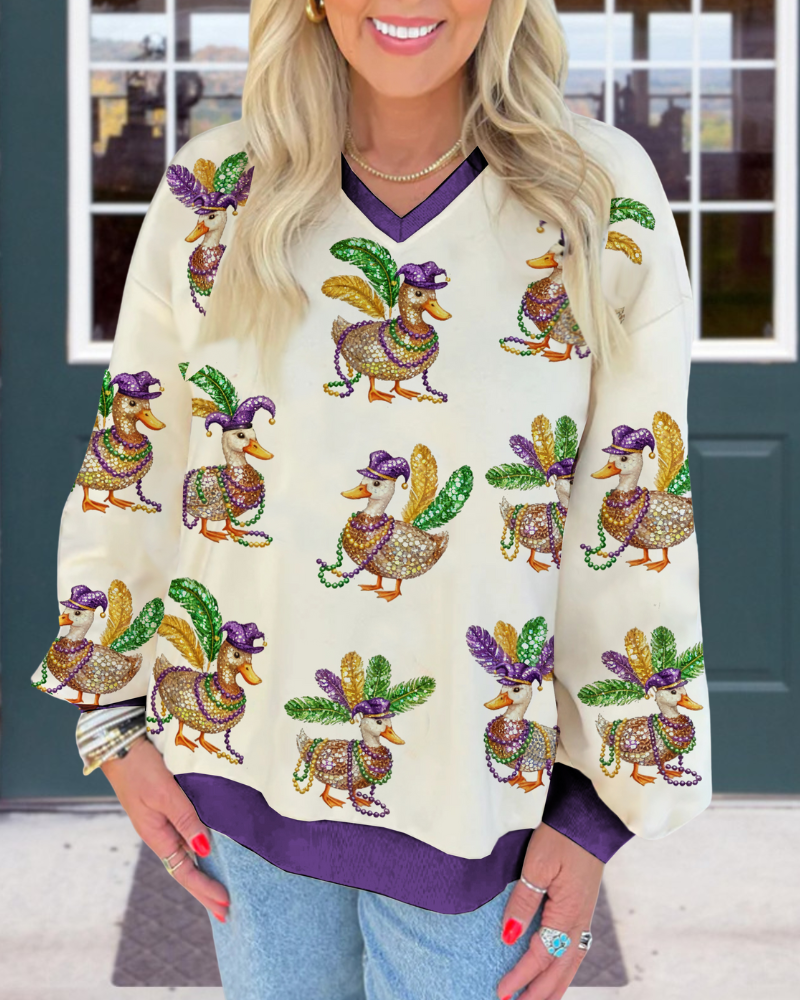 Carnival Duck Print V-Neck Sweatshirt