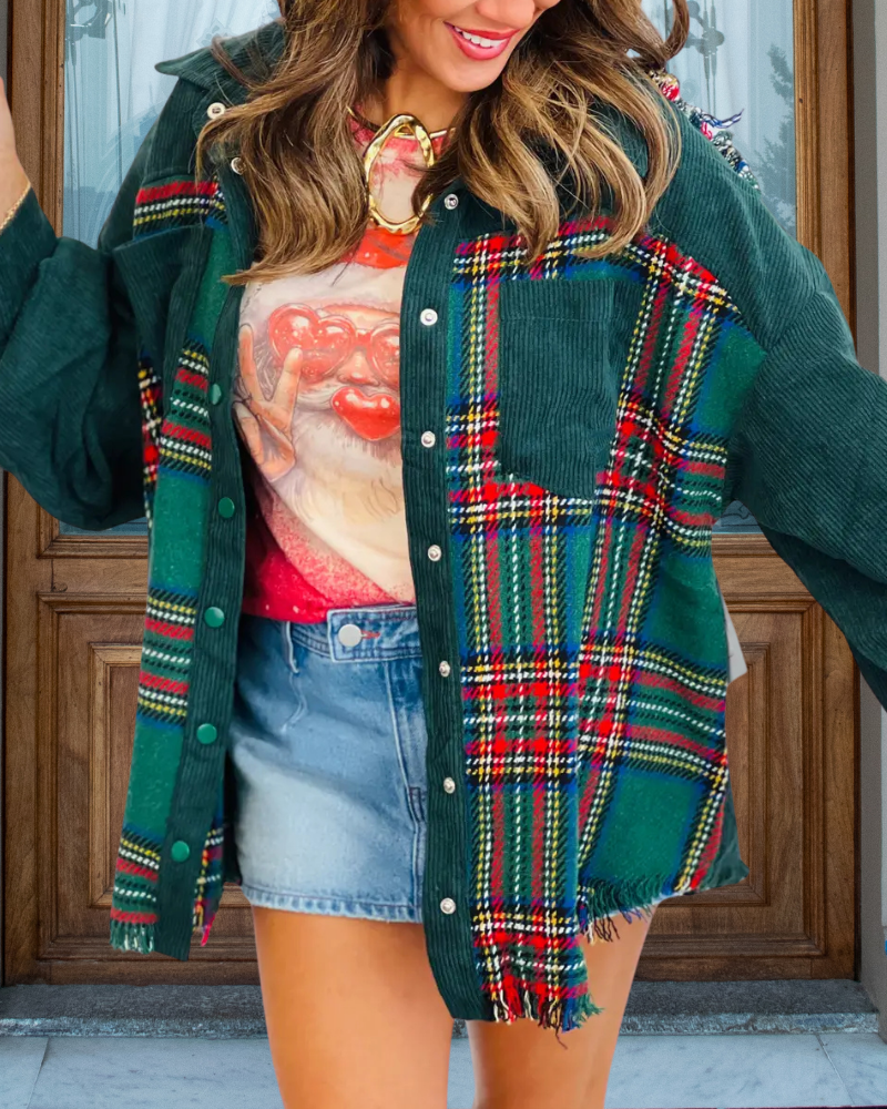 Christmas Themed Plaid Corduroy Jacket