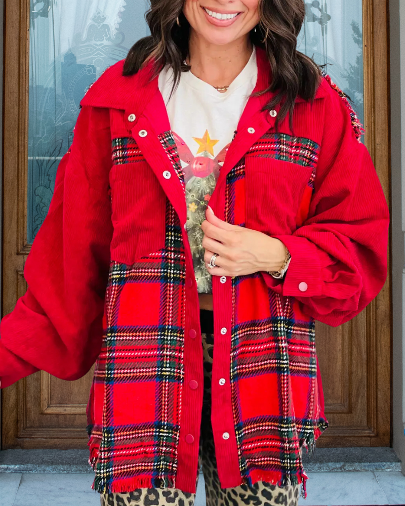 Christmas Themed Plaid Corduroy Jacket