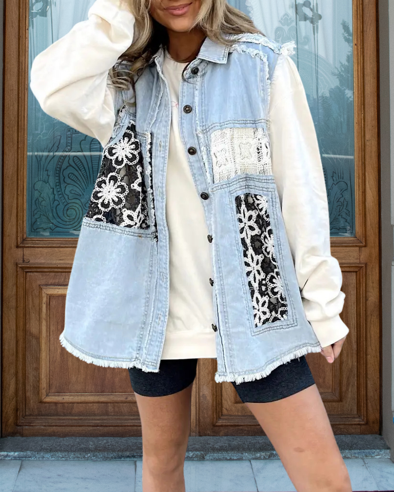 Floral Cutout Denim Vest Jacket