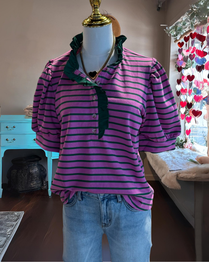 Elegant Striped Ruffle Trim Top