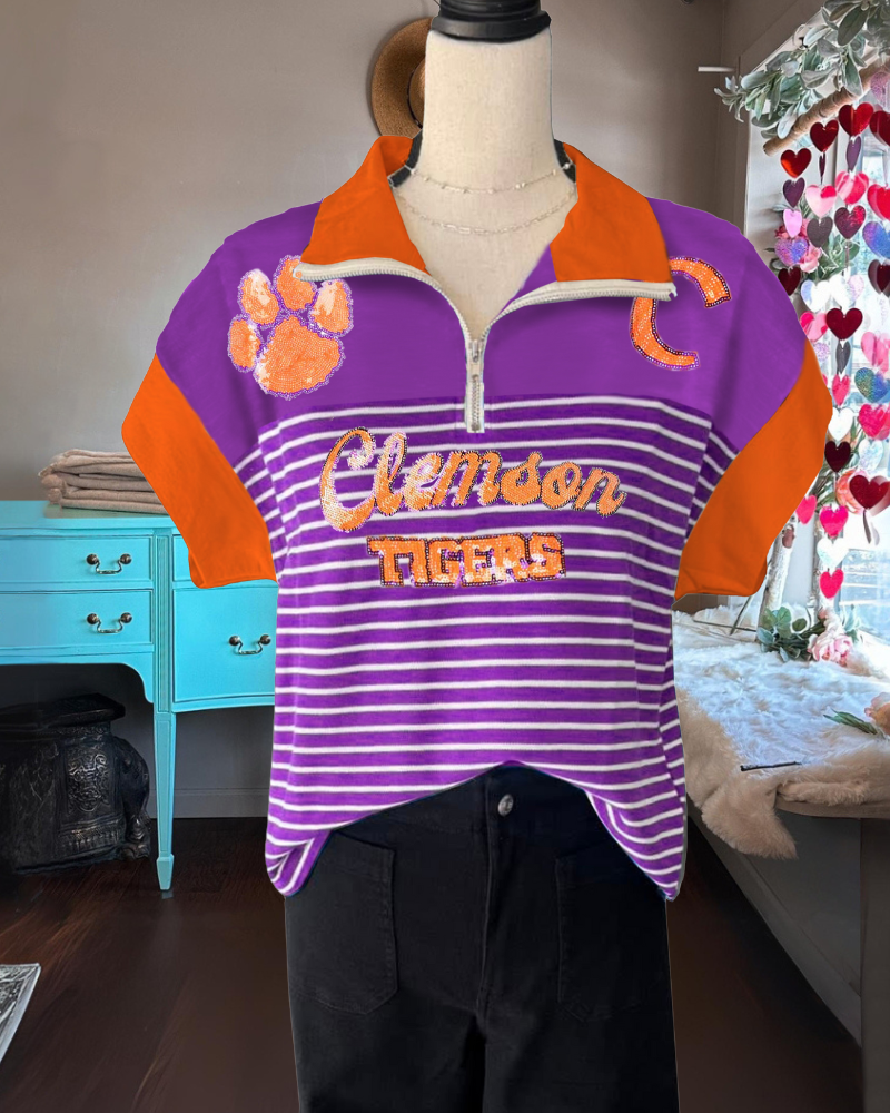 Sequin Clemson Tigers Striped Polo Top