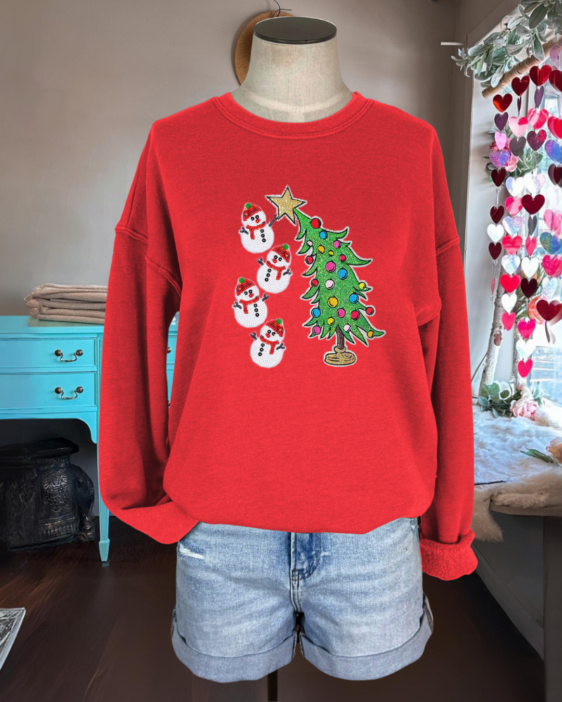 Christmas Tree Snowman Sequined Sweatshirt