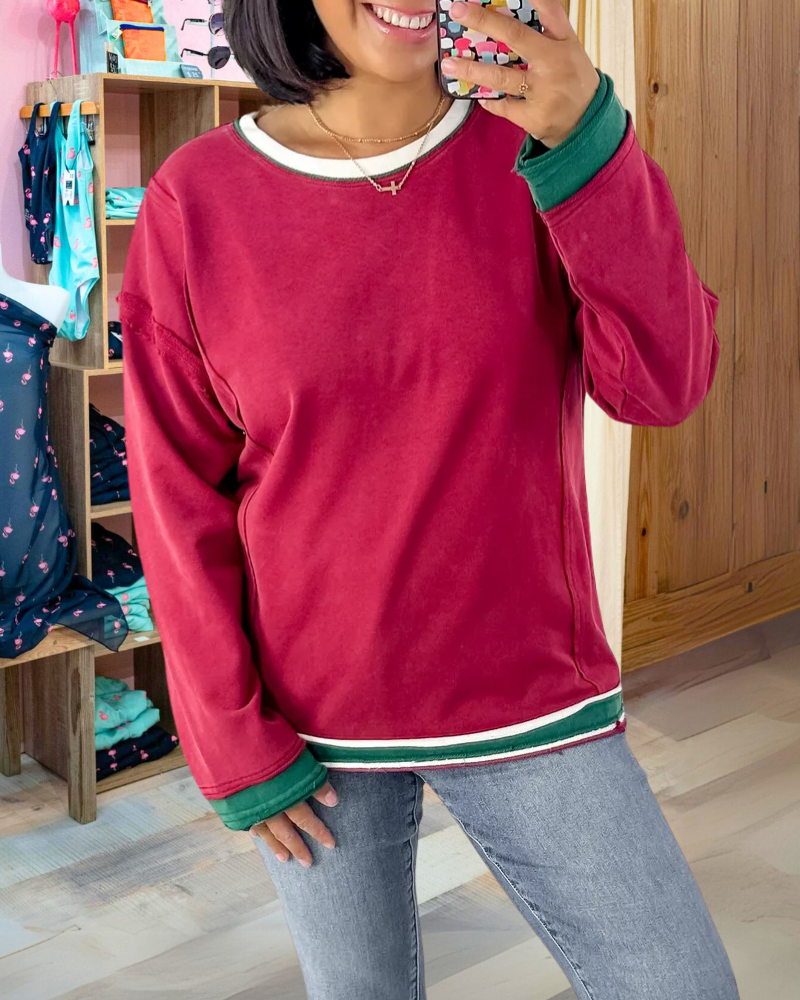 Simple Contrast Trim Crewneck Top