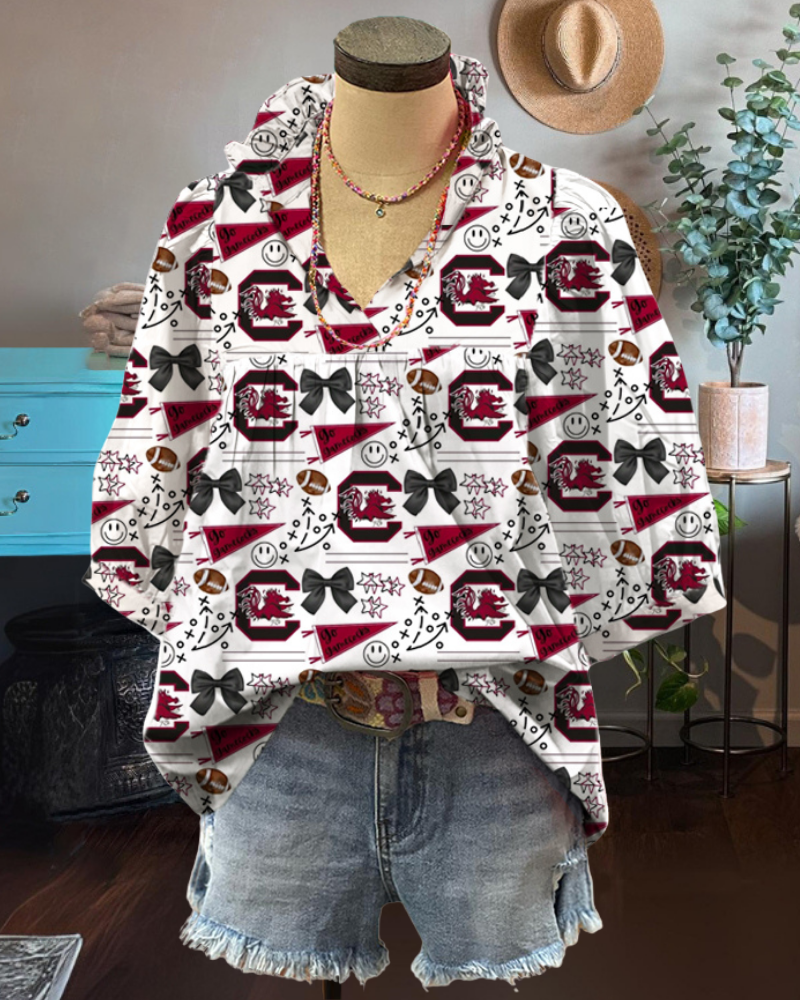 Gamecocks Pussy-Bow Mixed Pattern Top