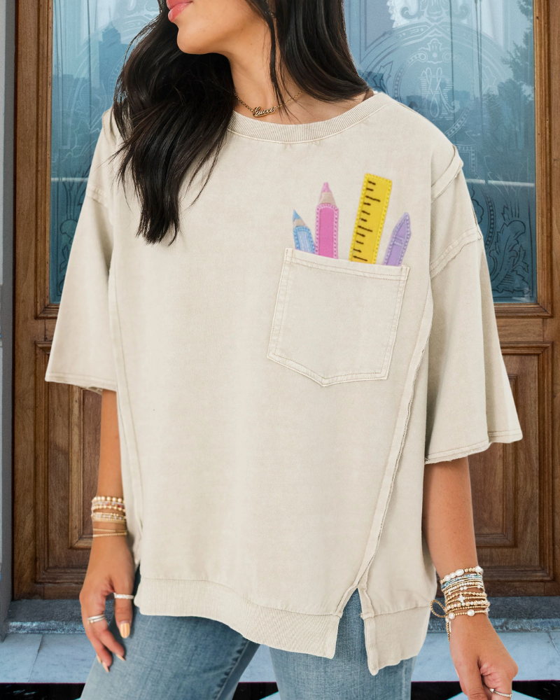 School Supplies Embroidered Pocket Top