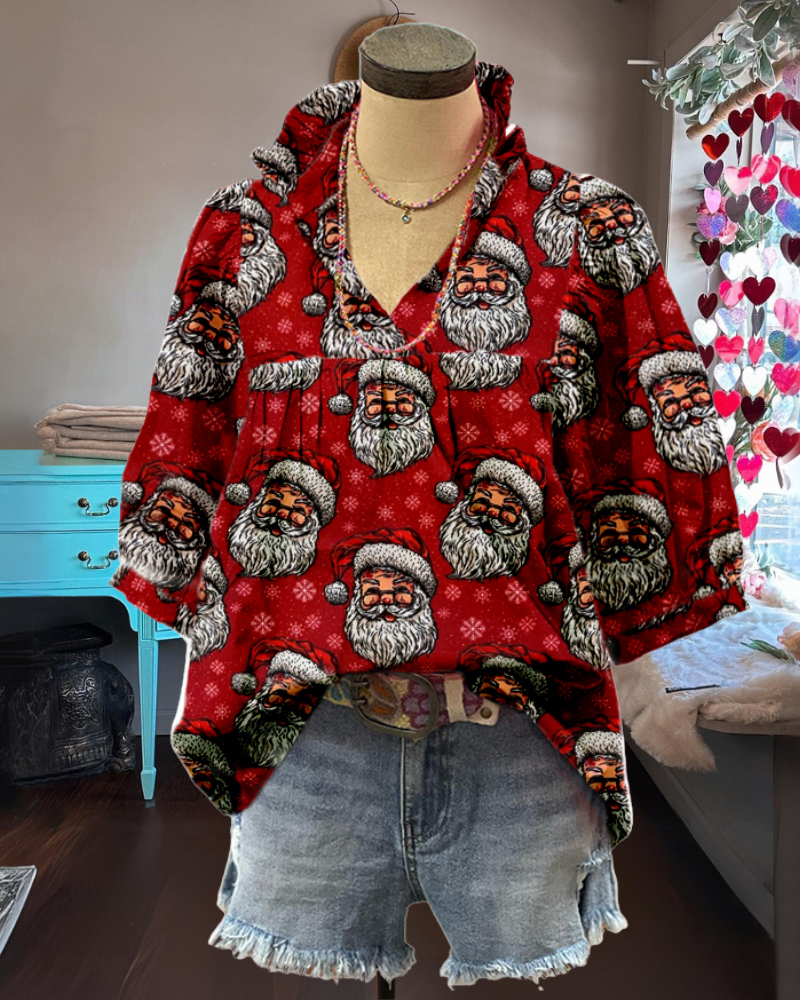 Playful Christmas Santa Claus Print Top
