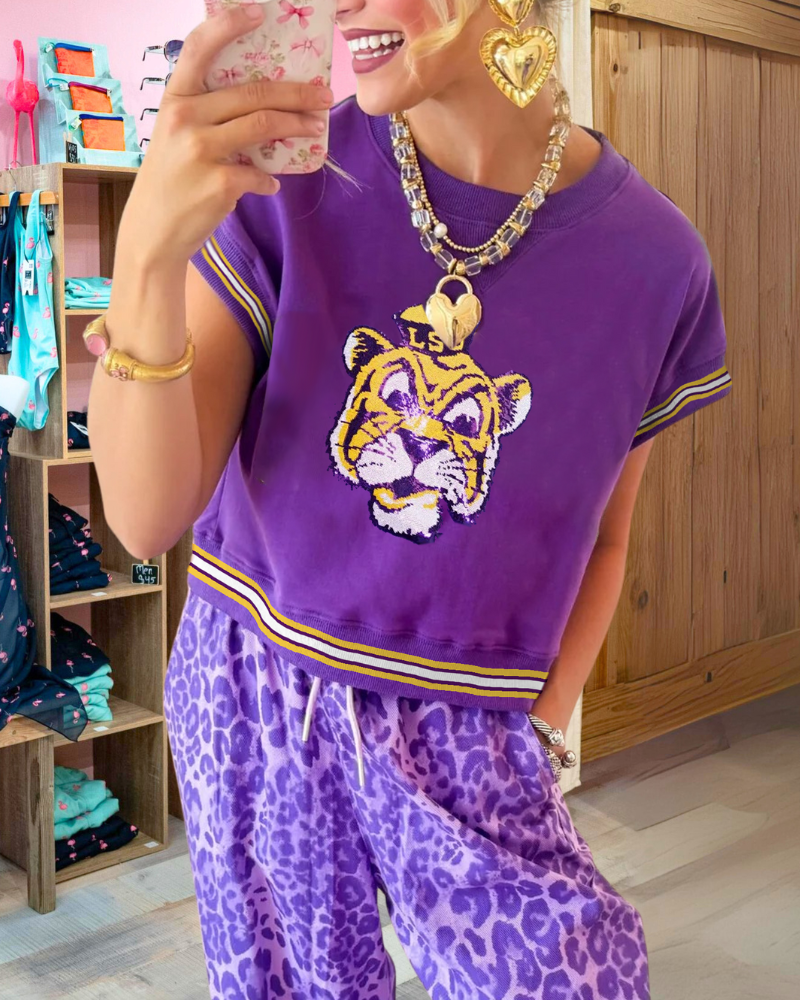 LSU Tiger Sequin Stripe Trim Top