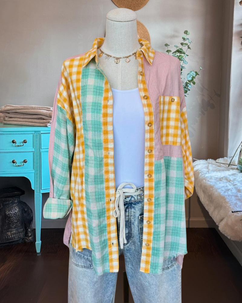 Oversized Color Block Plaid Shirt