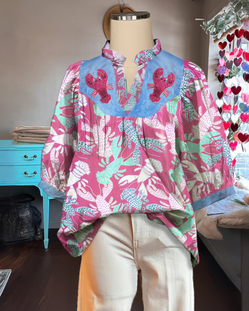 Lobster Puff Sleeve V-Neck Top