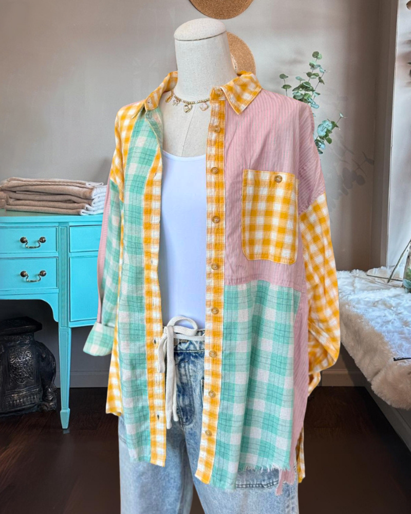 Oversized Color Block Plaid Shirt