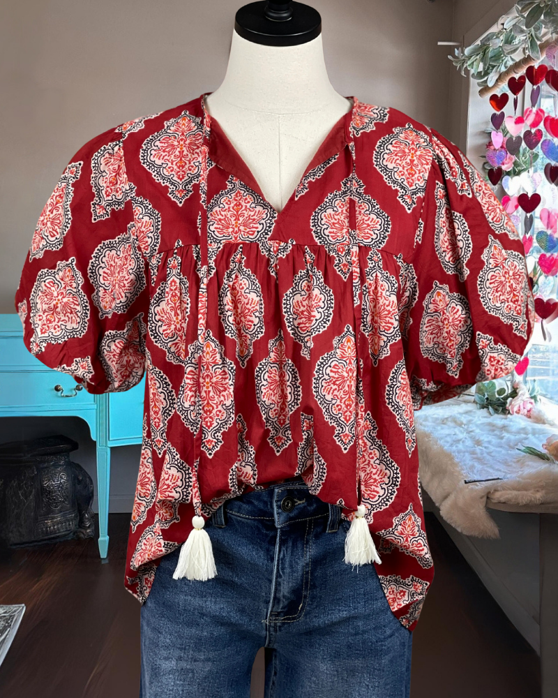 Classic Floral Tassel Tie Satin Top