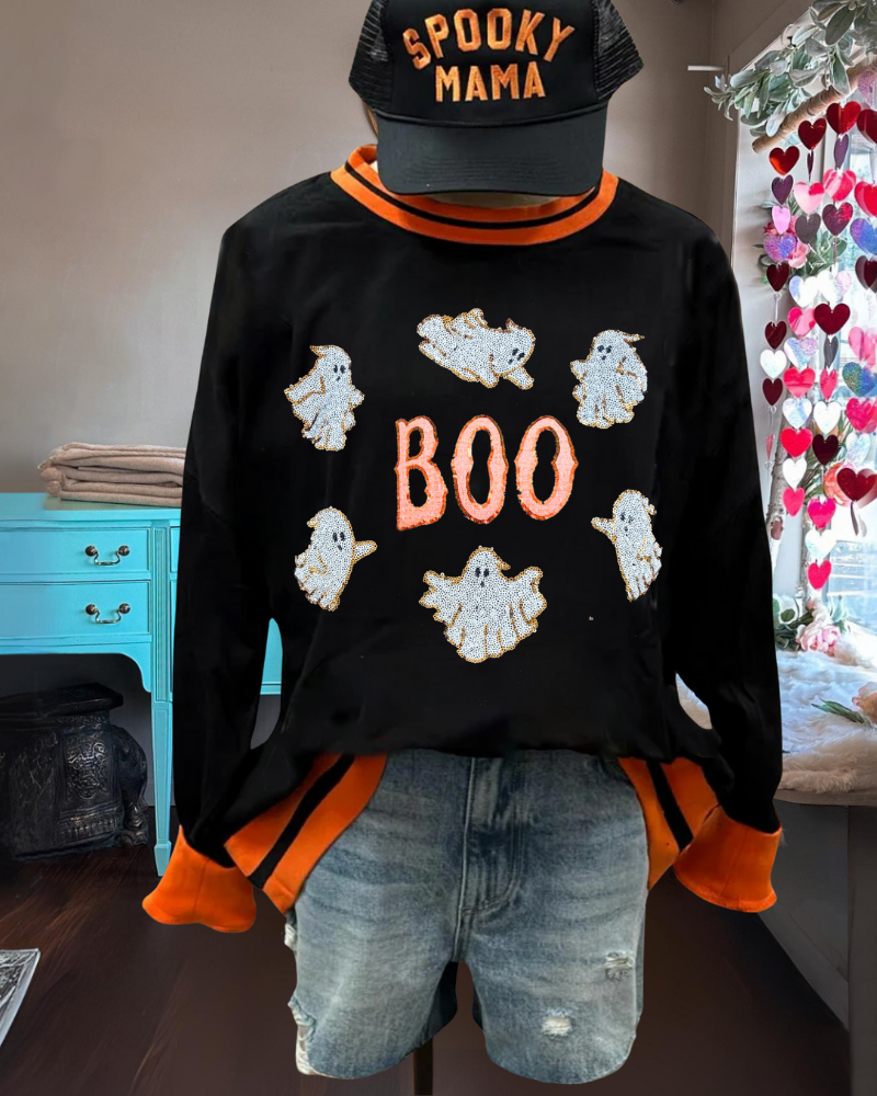 Whimsical Halloween BOO Ghost Sequin Sweatshirt