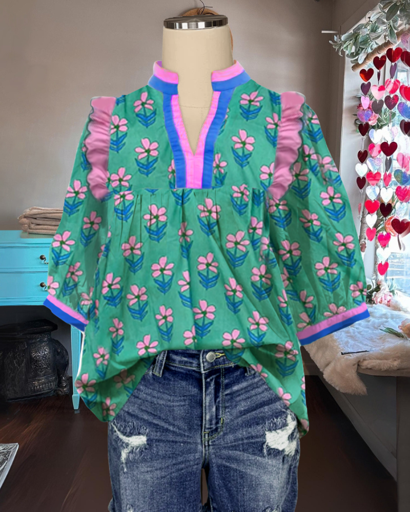 Floral Contrast Ruffle Top