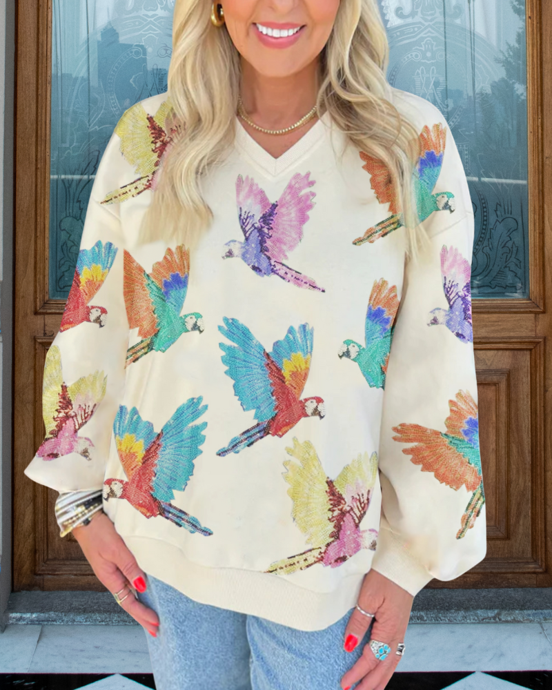 Sequin Parrot V-Neck Top