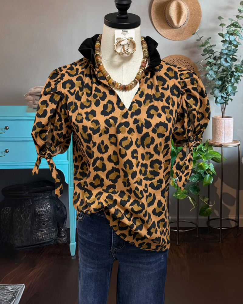 Trendy Leopard V-neck Satin Top