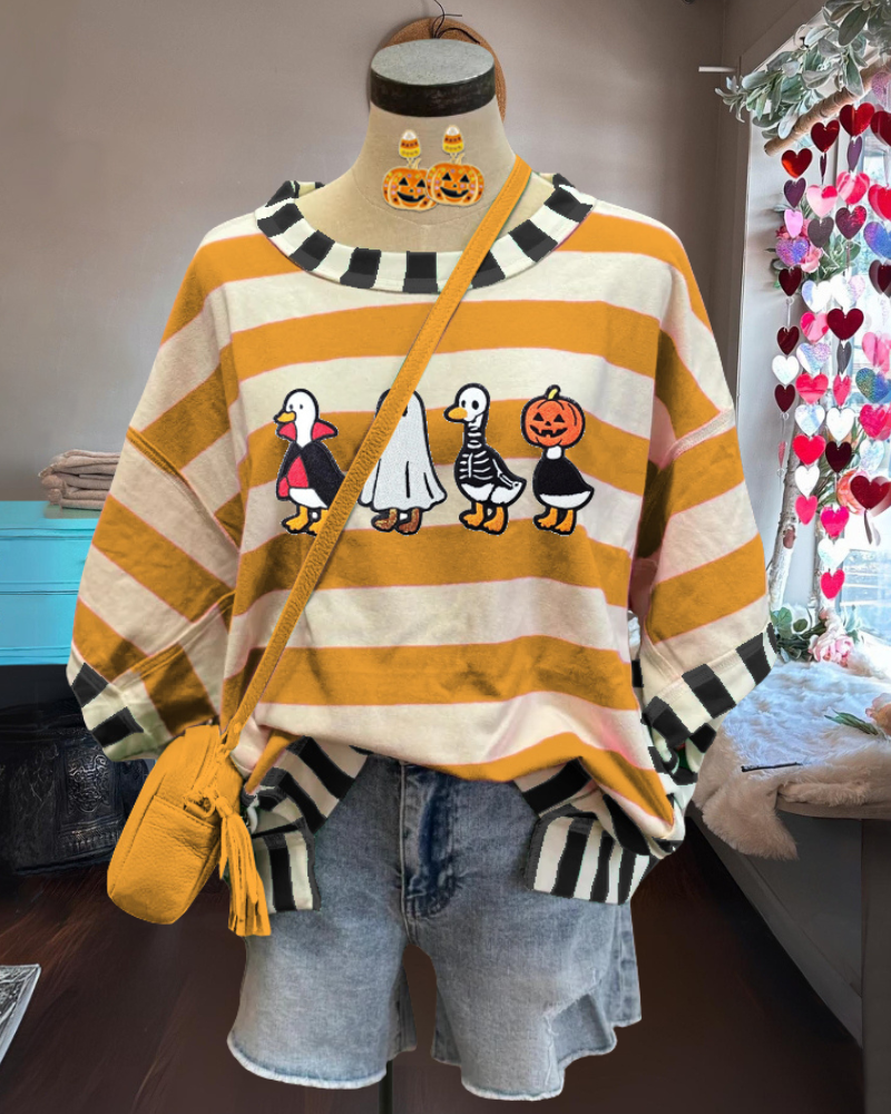 Playful Halloween Duck Embroidered Striped Top