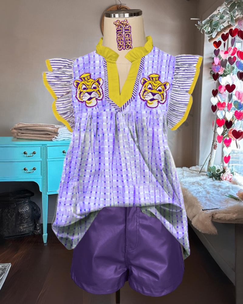 LSU Tiger Embroidered Plaid Top