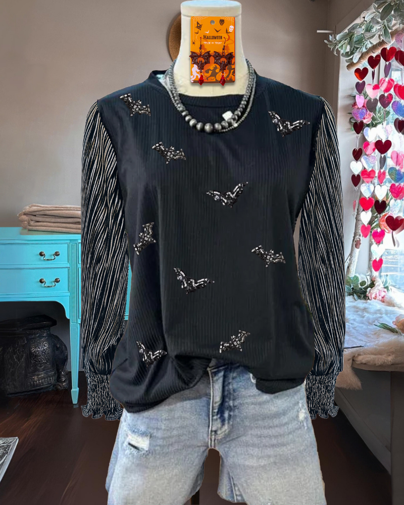 Chic Halloween Bat Striped Sleeve Top