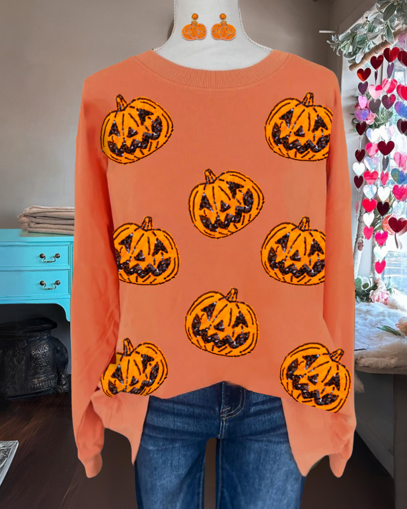 Pumpkin Sequin Crewneck Sweatshirt
