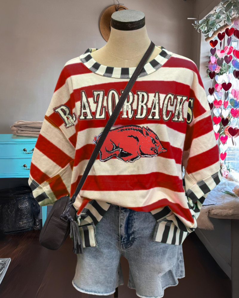 RAZORBACKS Embroidered Contrast Stripe Top
