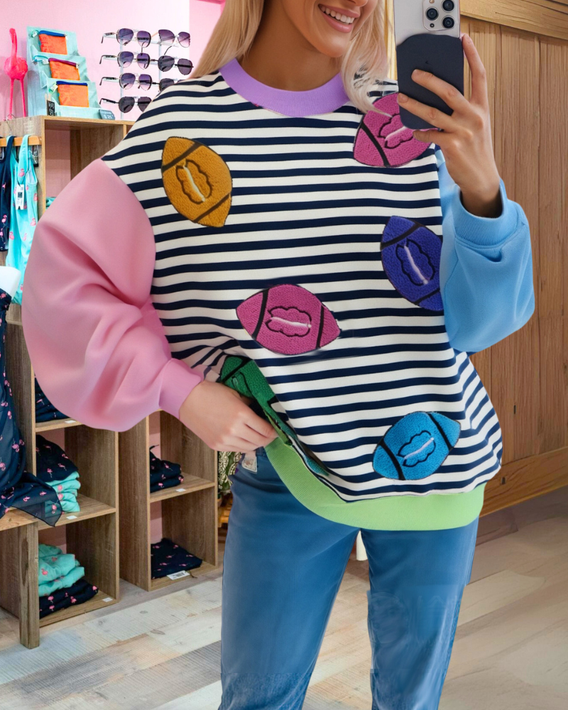 Colorblock Rugby Embroidery Striped Sweatshirt