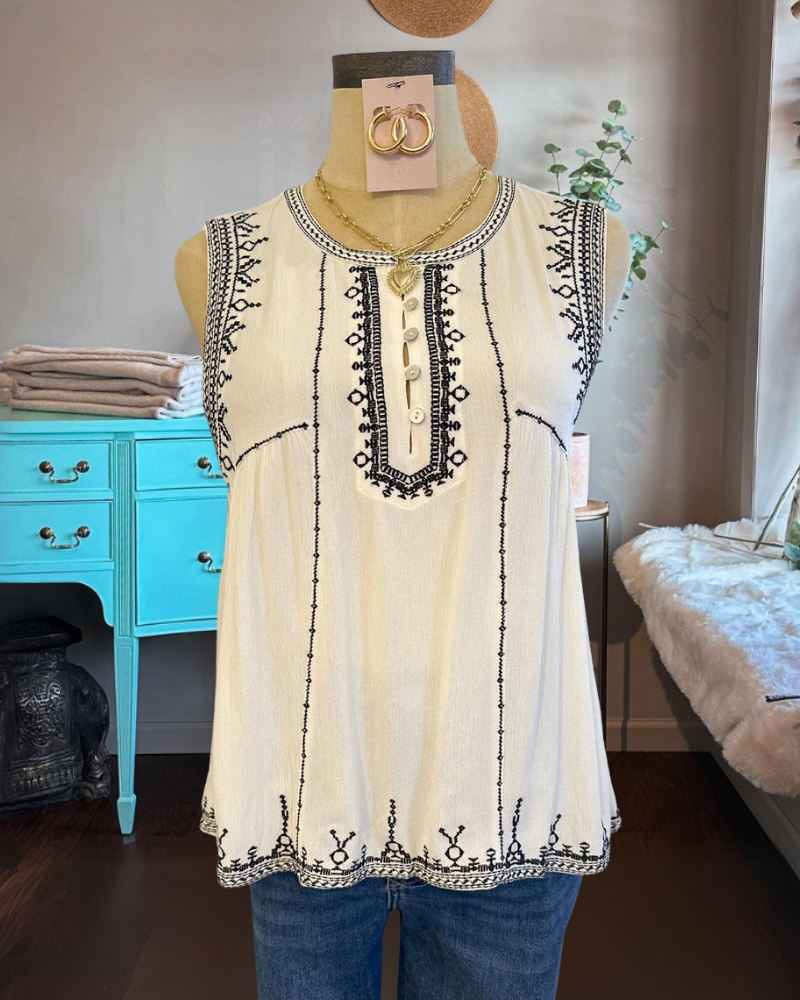 Unique Embroidered Trim Sleeveless Top