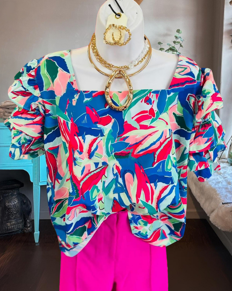 Abstract Floral Layered Sleeve Top