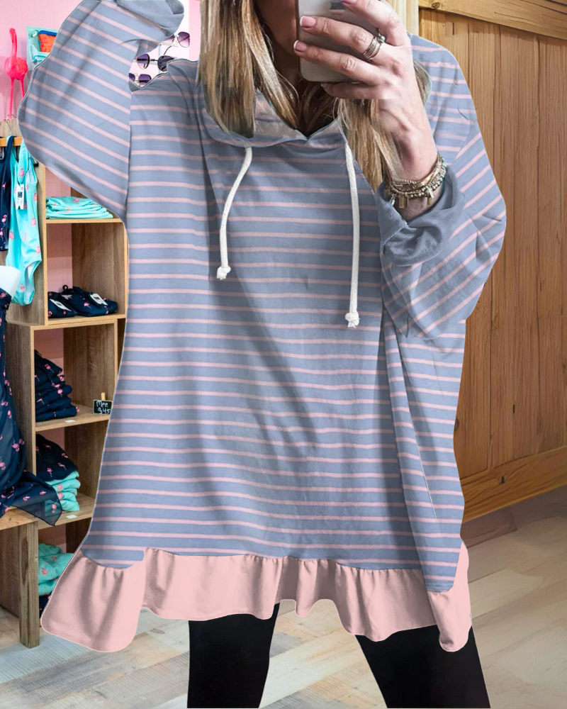 Casual Striped Ruffle Hoodie